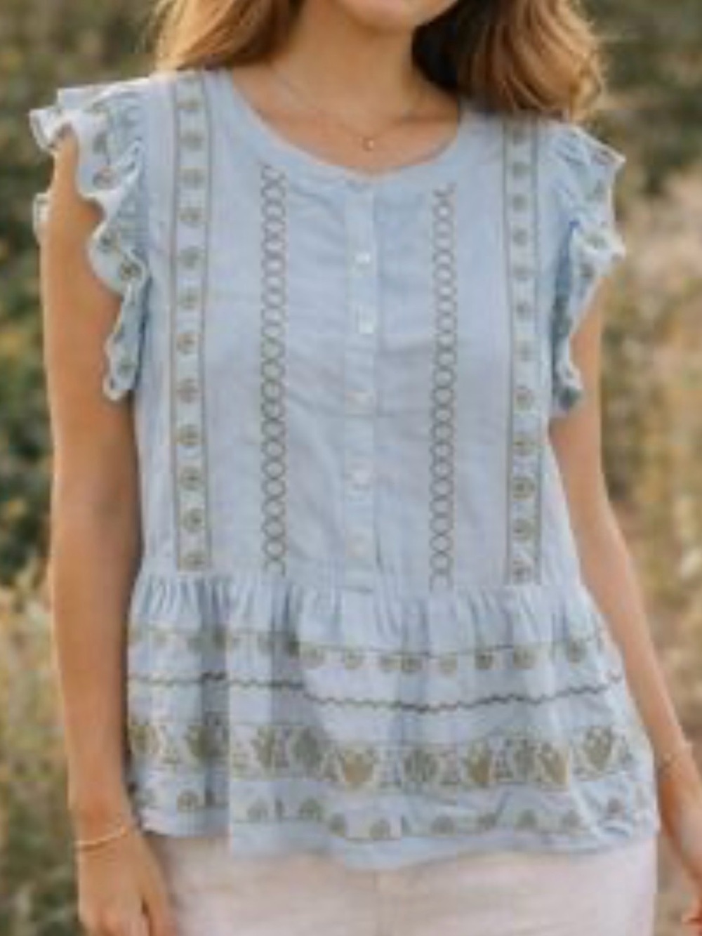 LOFT Light Blue Embroidered Babydoll Button Up Ruffle-Sleeve Women's Top - Picture 2 of 7